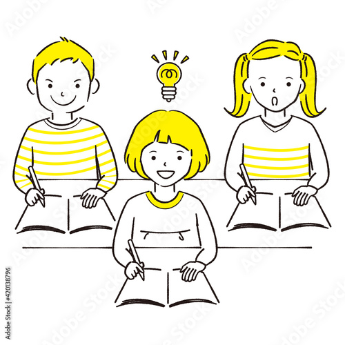 手描き1color  みんなで勉強　教室　男の子　女の子