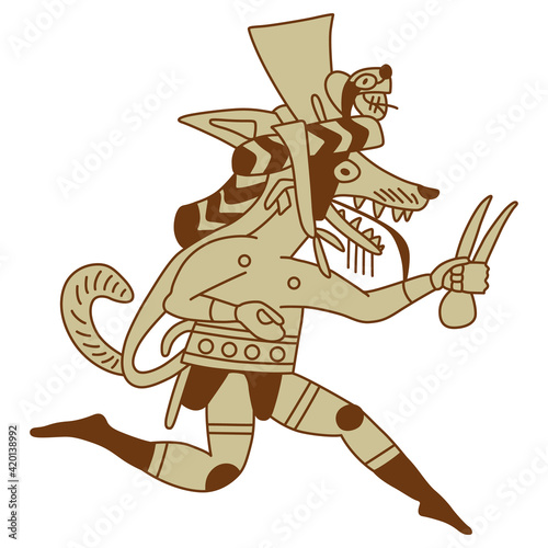 Running anthropomorphic coyote or fox. Native American trickster hero. Ancient Peruvian animal art of Moche or Mochica Indians.