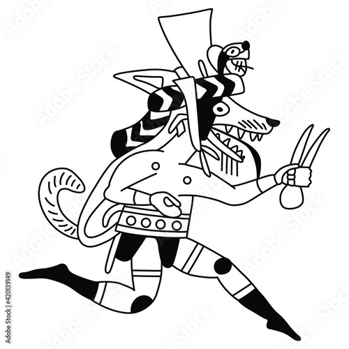 Running anthropomorphic coyote or fox. Native American trickster hero. Ancient Peruvian animal art of Moche or Mochica Indians. Black and white silhouette.