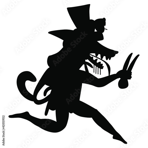 Running funny anthropomorphic coyote, fox, wolf or dog. Ancient Peruvian art of Mochica or Moche Indians. Native American trickster animal. Black silhouette on white background.