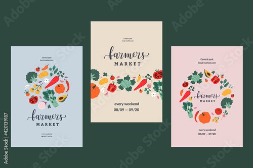 Farmers market poster collection, illustrated pre-made designs, vector banner templates with lettering for local food fair, hand drawn illustrations