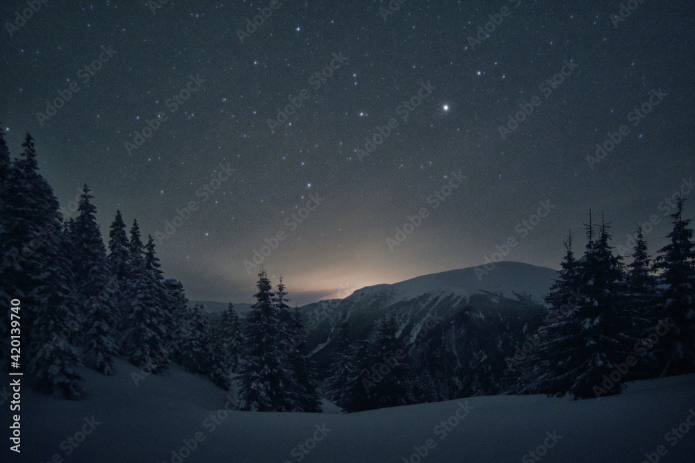 Naklejka premium Night winter landscape in Godeanu Mountains, Carpathians, Romania, Europe
