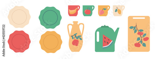 Colorful kitchen ware decorated with fruites set vector illustration.