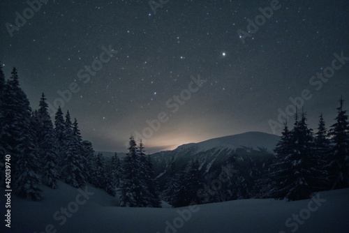 Night winter landscape in Godeanu Mountains, Carpathians, Romania, Europe