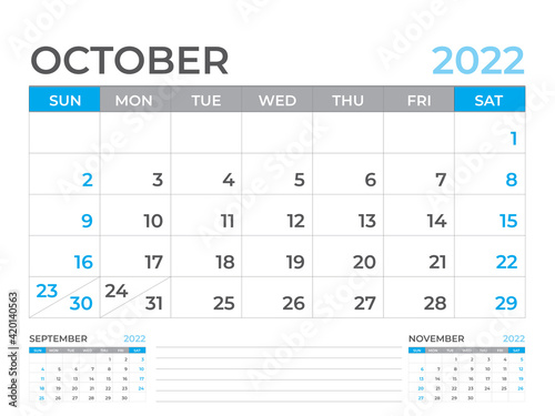October 2022 page, Calendar 2022 template, Desk calendar, planner design, Wall calendar, week starts on sunday, stationery design, Desk office, organizer office, vector 