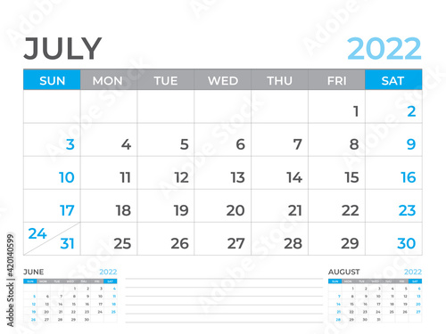 July 2022 page, Calendar 2022 template, Desk calendar, planner design, Wall calendar, week starts on sunday, stationery design, Desk office, organizer office, vector 
