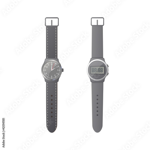 Analog and electronic wristwatch set. Colored flat vector illustration. Isolated on white background.