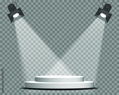 Empty podium. Round podium, pedestal or platform illuminated by spotlights on white background. Vector illustration.