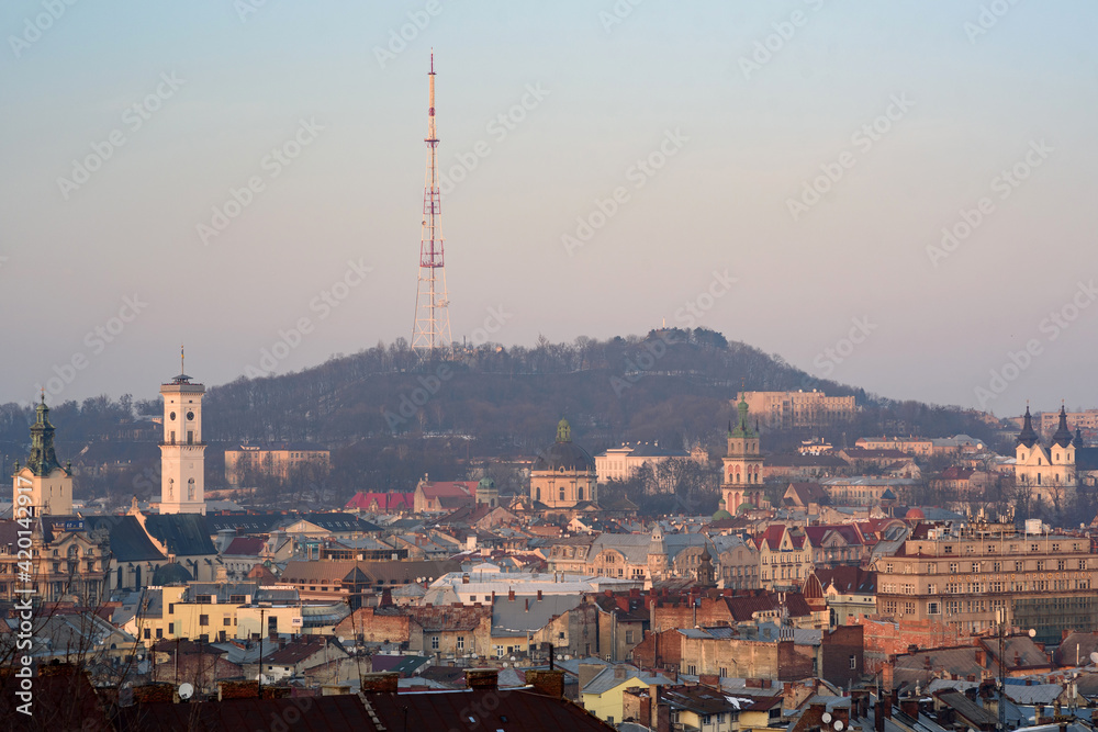 Winter panoramic view of the center of Lviv, Ukraine. Old buildings.
