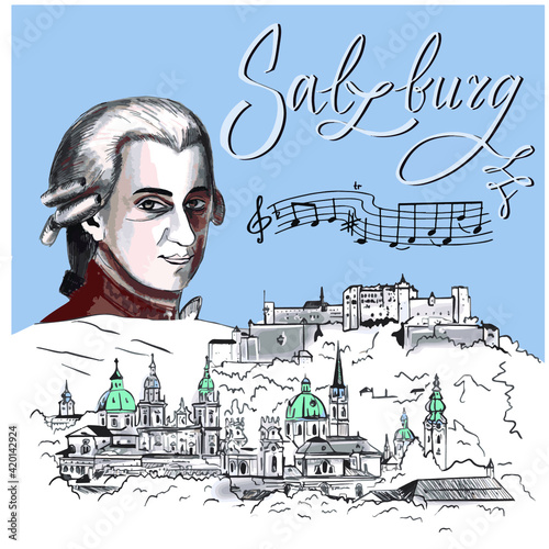 Salzburg, Austria.    Hohensalzburg Castle House of Mozart. Festive and Bright illustration of Salzburg symbols.Salzburg lettering. Hohensalzburg