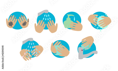 Cartoon vector poster with seven steps to Wash Your Hands the Right Way for stop germs from spreading using water, soap and a paper towel