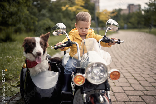 caucasian boy driving a dog in sidecar of electrical toy motorcycle © luckybusiness