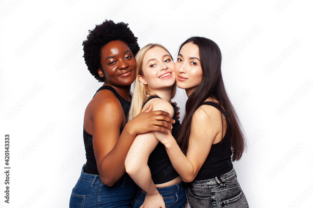 diverse multi nation girls group, teenage friends company cheerful having fun, happy smiling, cute posing isolated on white background, lifestyle people concept, african-american, asian and caucasian diverse multi nation girls group, teenage friends company cheerful having fun, happy smiling, cute posing isolated on white background, lifestyle people concept, african-american, asian and caucasian