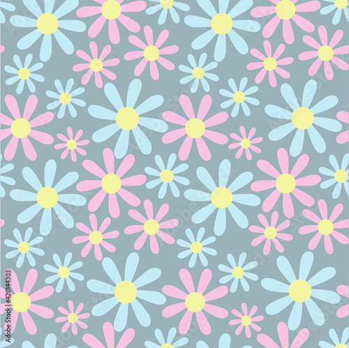Daisy seamless pattern. Blue pink flowers on grey endless texture for web  for print  for fabric print