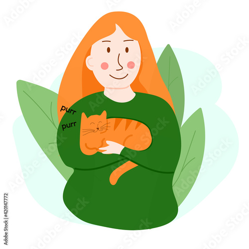 Vector illustration of girl with purring cat. Design for web-sites, flyers, banners, posters, prints, etc