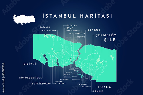 istanbul districts Besiktas  kadikoy  eminonu  fatih  sariyer  tuzla  maltepe  kartal  basaksehir  buyukcekmece  bagcilar  avcilar  silivri sultanbeyli  beyoglu  eyup  uskudar  umraniye  map  Turkey