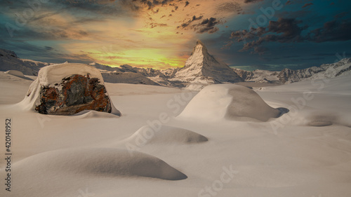 Zermatt, Matterhorn Switerzland - Scenic sunset in winter. Travel concept.  photo