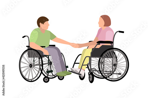 A man and a woman with disabilities in wheelchairs hold hands. Socialization, active life of disabled people. Vector illustration