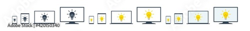 Set of icons. Concept of idea on the screen of a monitor, laptop, tablet and phone. Light on the screen.