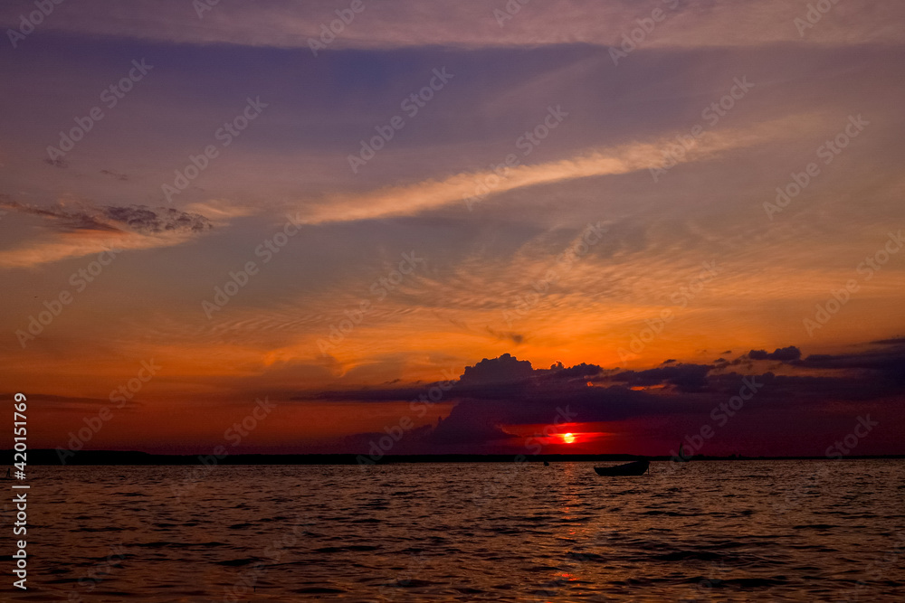 Beautiful landscape with sunset over lake Svityaz in Ukraine