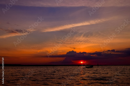 Beautiful landscape with sunset over lake Svityaz in Ukraine