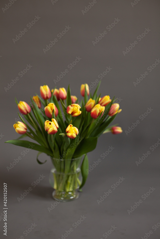 bouquet of yellow tulips in vase on a dark background