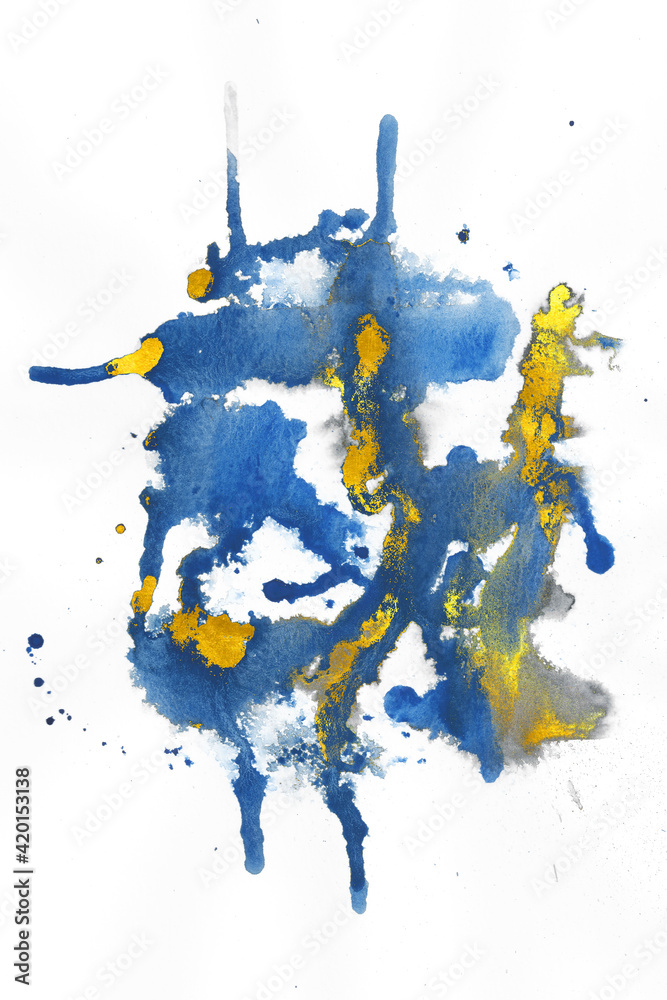 Abstract watercolor painting with blue and gold tones