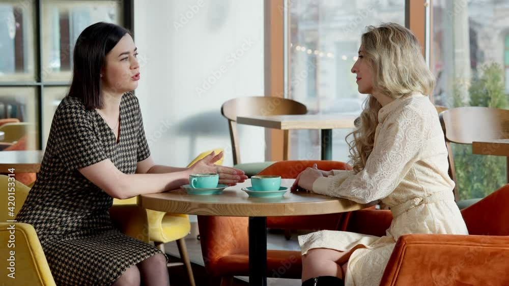 Side view portrait of two confident young women gossiping sitting at table in restaurant. Slim beautiful Caucasian friends talking sharing secrets and troubles in cafe. Rumors and friendship. Side view portrait of two confident young women gossiping sitting at table in restaurant. Slim beautiful Caucasian friends talking sharing secrets and troubles in cafe. Rumors and friendship.