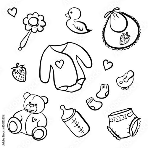 Cartoon newborn baby clothes toys things monochrome black and white isolated line art vector icon set