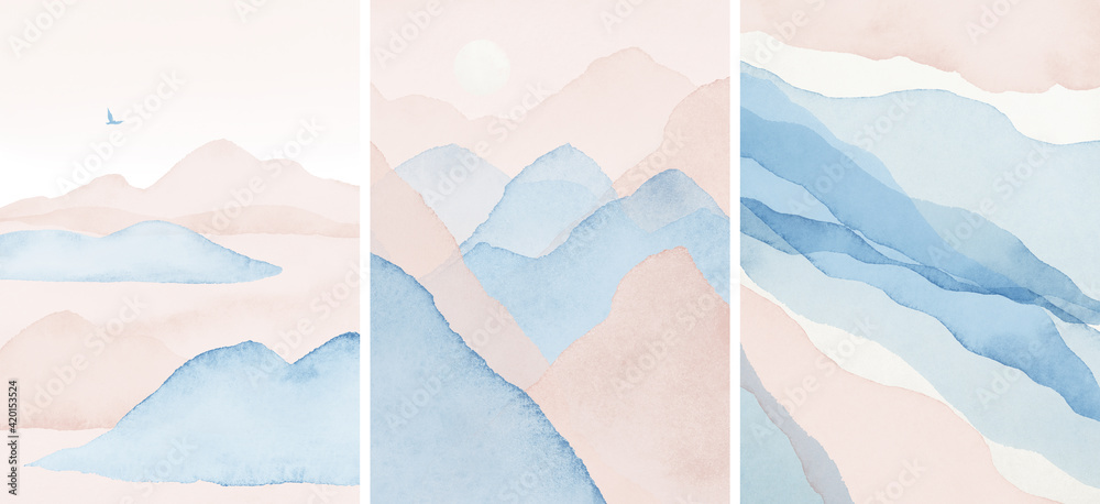 Obraz premium Abstract Arrangements. Landscapes, mountains. Posters. Blue, navy, blush, pink, ivory, beige, white watercolor Illustration, background. Modern print set. Wall art. Business card. Printable. Pastel.