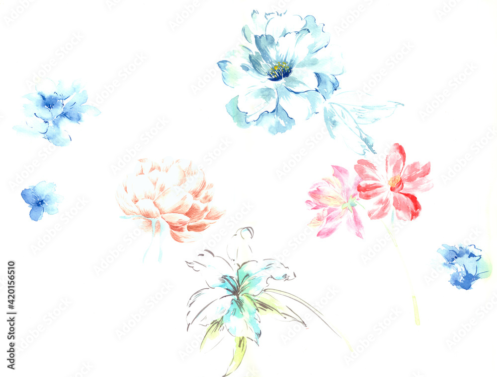 
Flowers watercolor illustration.Manual composition.Big Set watercolor elements，Design for textile, wallpapers，Element for design,Greeting card