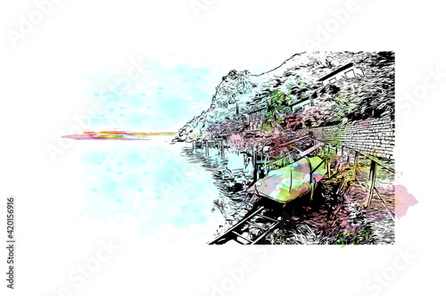 Building view with landmark of Lugano is a city in southern Switzerland. Watercolour splash with hand drawn sketch illustration in vector.