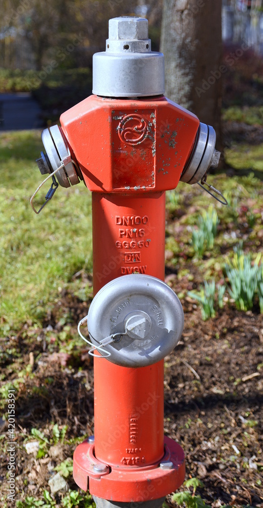 Roter Hydrant mit mehreren Abgängen vor einer Wiese Roter Hydrant mit mehreren Abgängen vor einer Wiese
