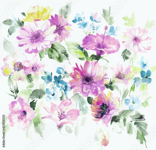  Flowers watercolor illustration.Manual composition.Big Set watercolor elements，Design for textile, wallpapers，Element for design,Greeting card