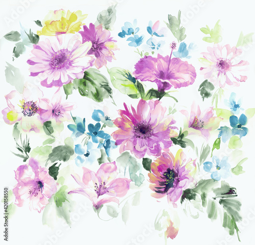 
Flowers watercolor illustration.Manual composition.Big Set watercolor elements，Design for textile, wallpapers，Element for design,Greeting card