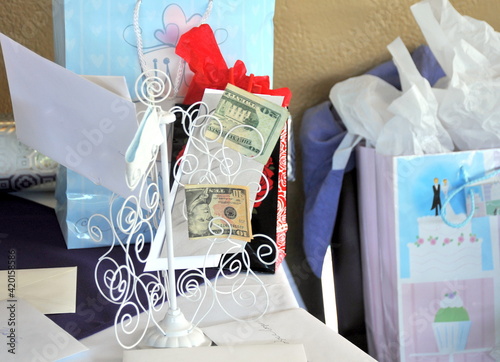 Wedding gifts at the reception indoors.