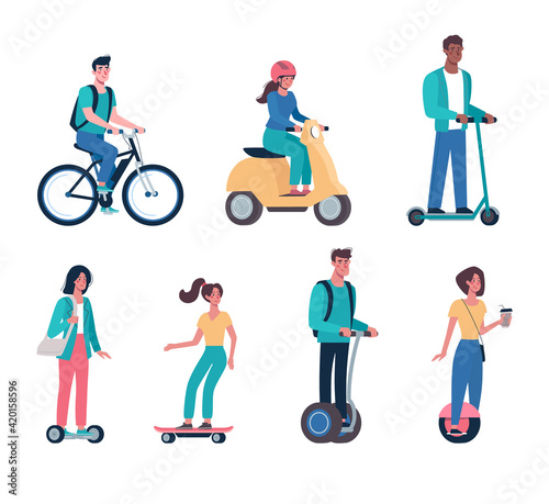 men and women ride modern electric scooters, skateboards, gyroboard, bicycles, mopeds. Eco friendly alternative vehicles set. Vector people.in flat style.