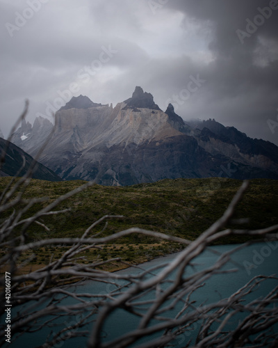 A view of the mountains behind dead trees, from the otherside of the lake, on a stormy and dramatic day, in Torres del Paine National Park