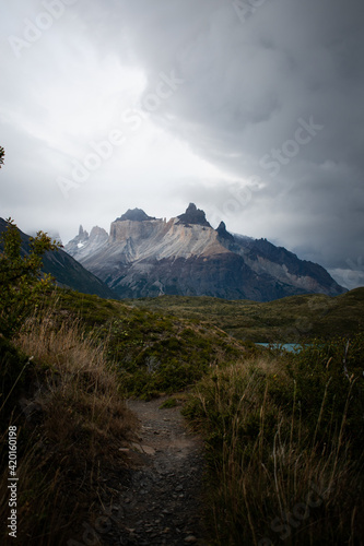 A path that leads to mountains through hills and bushes, on a stormy day, in Torres del Paine National Park, Chile