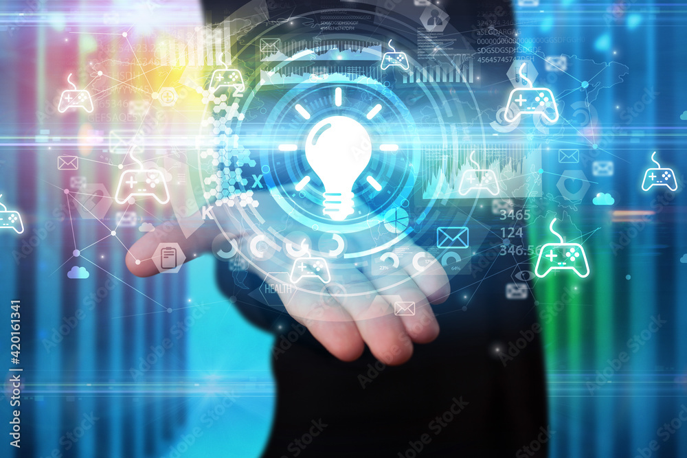 Businessman holding technology icon Businessman holding technology icon