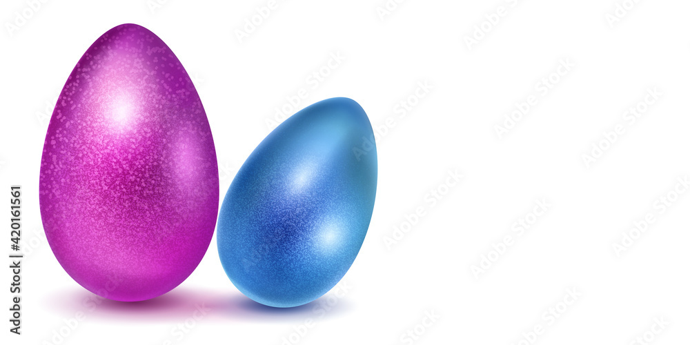 Two realistic Easter eggs with different surface texture in blue and purple colors. With shadow on white background Two realistic Easter eggs with different surface texture in blue and purple colors. With shadow on white background