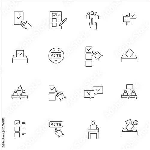 Simple Set of Voting Related Vector Line Icons. Contains such Icons as Raising Hands, Ratings of Candidates, Electronic voting and more.