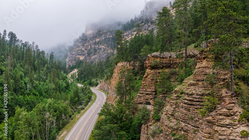 Fog in the morning on Spearfish Canyon Scenic Byway, South Dakota Black Hills 