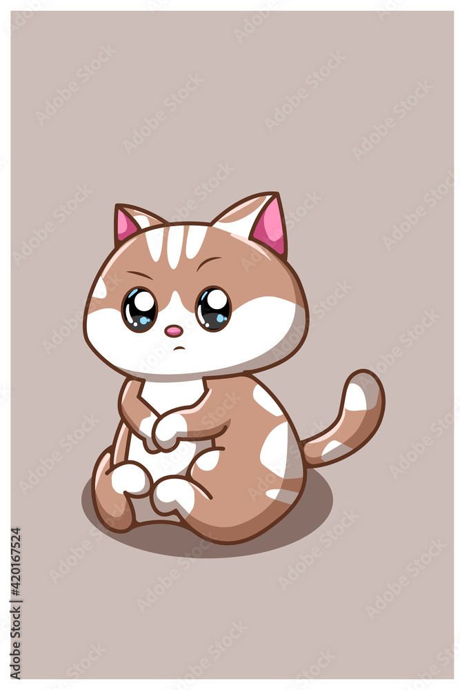 A cute and sad baby cat cartoon illustration