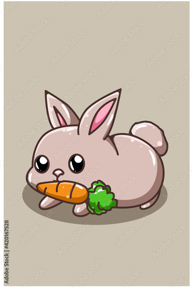 Obraz premium A cute and happy baby rabbit bring carrot cartoon illustration
