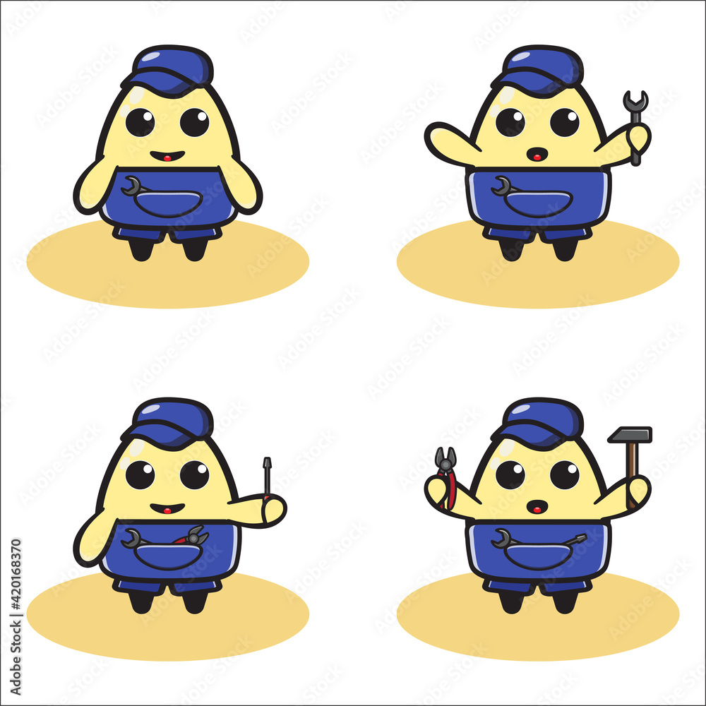 Vector illustration of cute Egg mechanic cartoon set. Egg cartoon set. Good for icon, logo, label, sticker, clipart.
