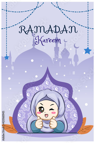 Little muslim girl at ramadan kareem cartoon illustration