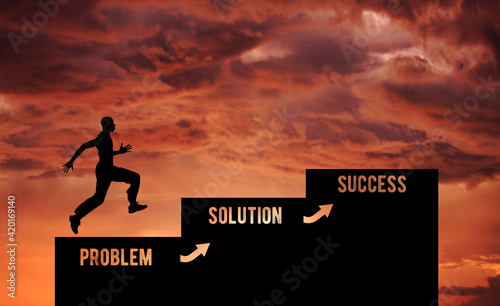 Guy running on stairs forward success. Problem solution success. Problems solving and Brainstorming solution 
