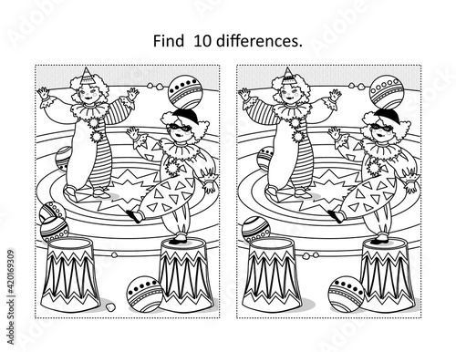 Find 10 differences visual puzzle and coloring page with two little clowns performing on circus arena
