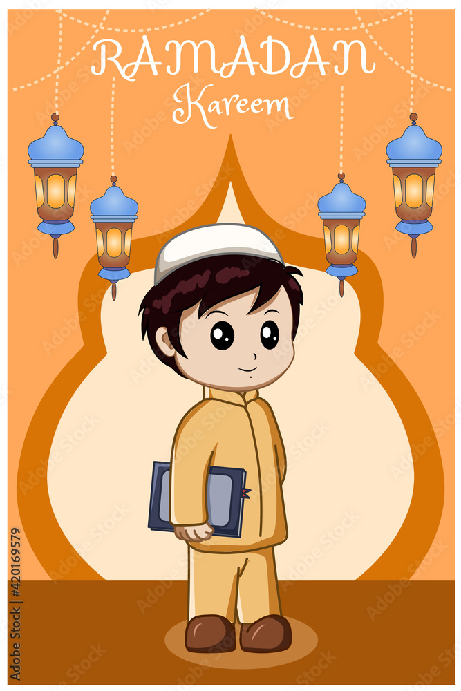 Little muslim boy carrying book at ramadan kareem cartoon illustration  Stock Vector | Adobe Stock